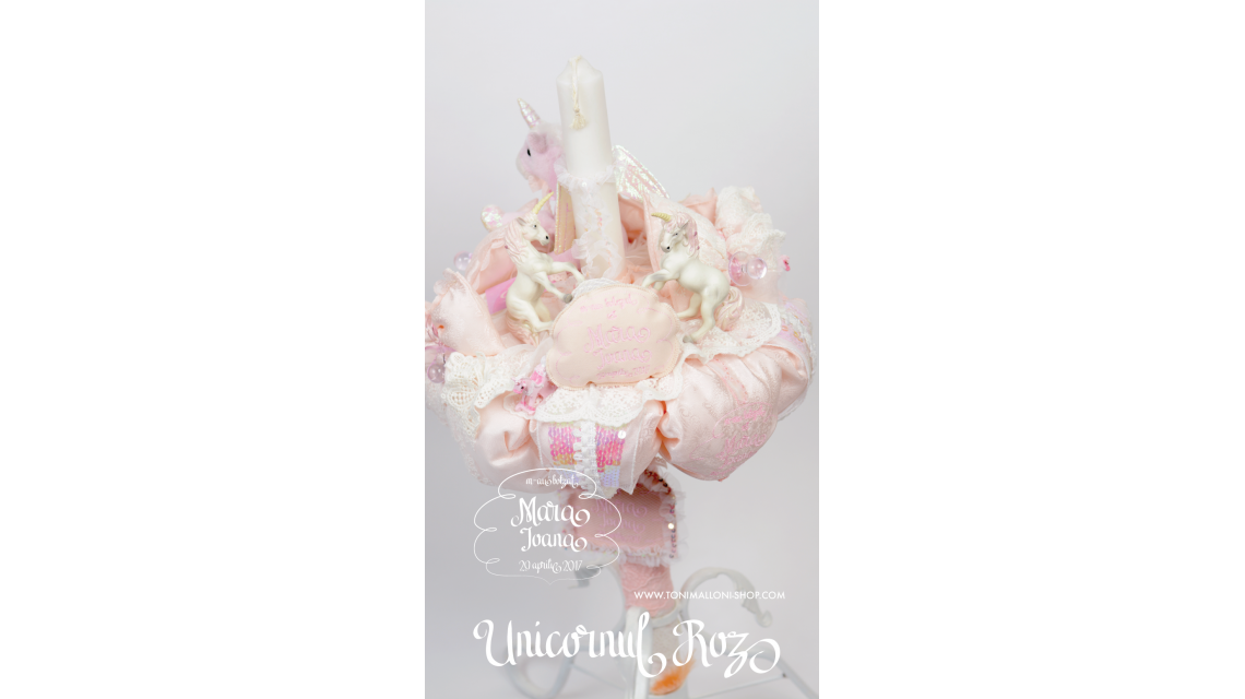 Lumanare de botez pentru fete cu unicorni roz, 65x4 cm, Unicornul fermecat  3